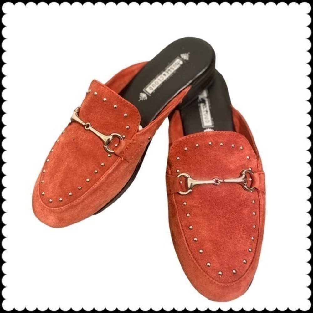 MUSSE & CLOUD Light Red Suede Ruby Horsebit Studded Slip-On Mule Flats EU37 US6